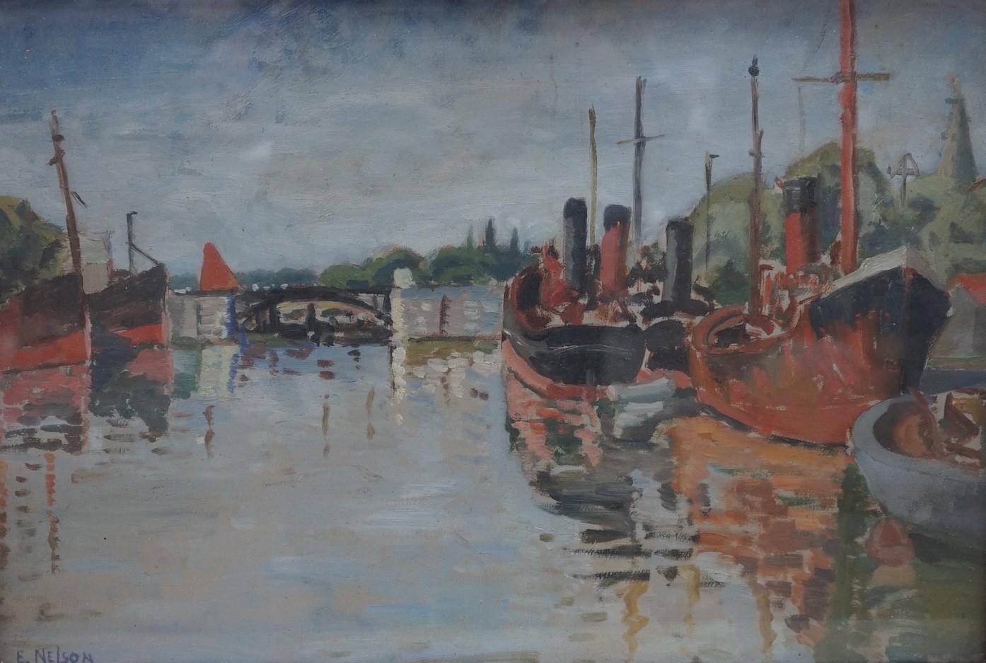 Miss E. Nelson (Exh. 1890), oil on canvas, Shipping moored in harbour, signed, 37 x 54cm